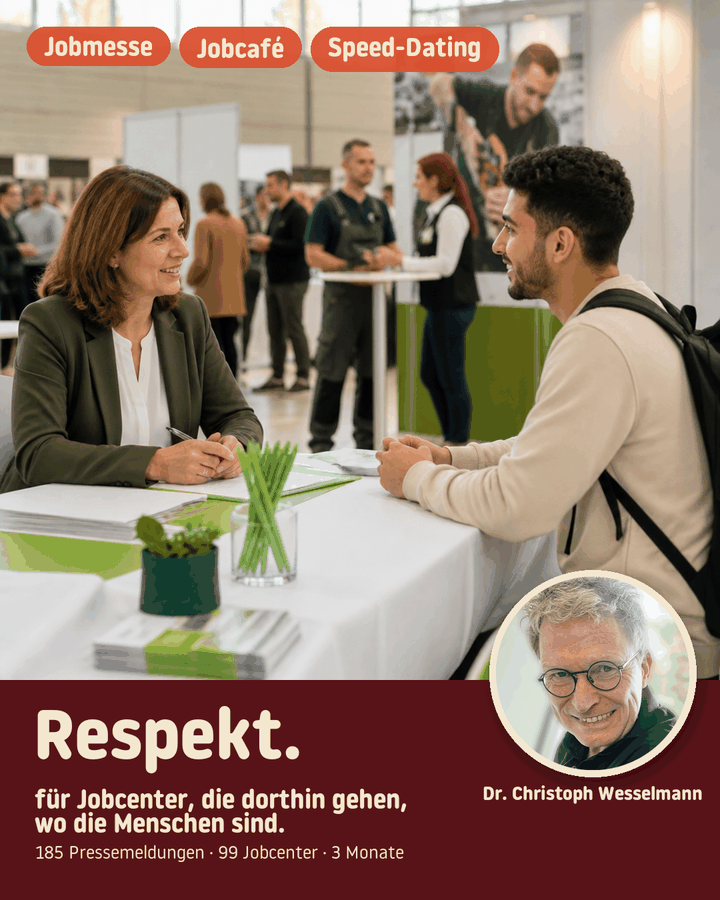 Collage zum LinkedIn-Beitrag von Dr. Christoph Wesselmann über Pressemeldungen der Jobcenter: Jobmessen, Jobcafés und mobile Beratung — Respekt vor der Arbeit im Jobcenter