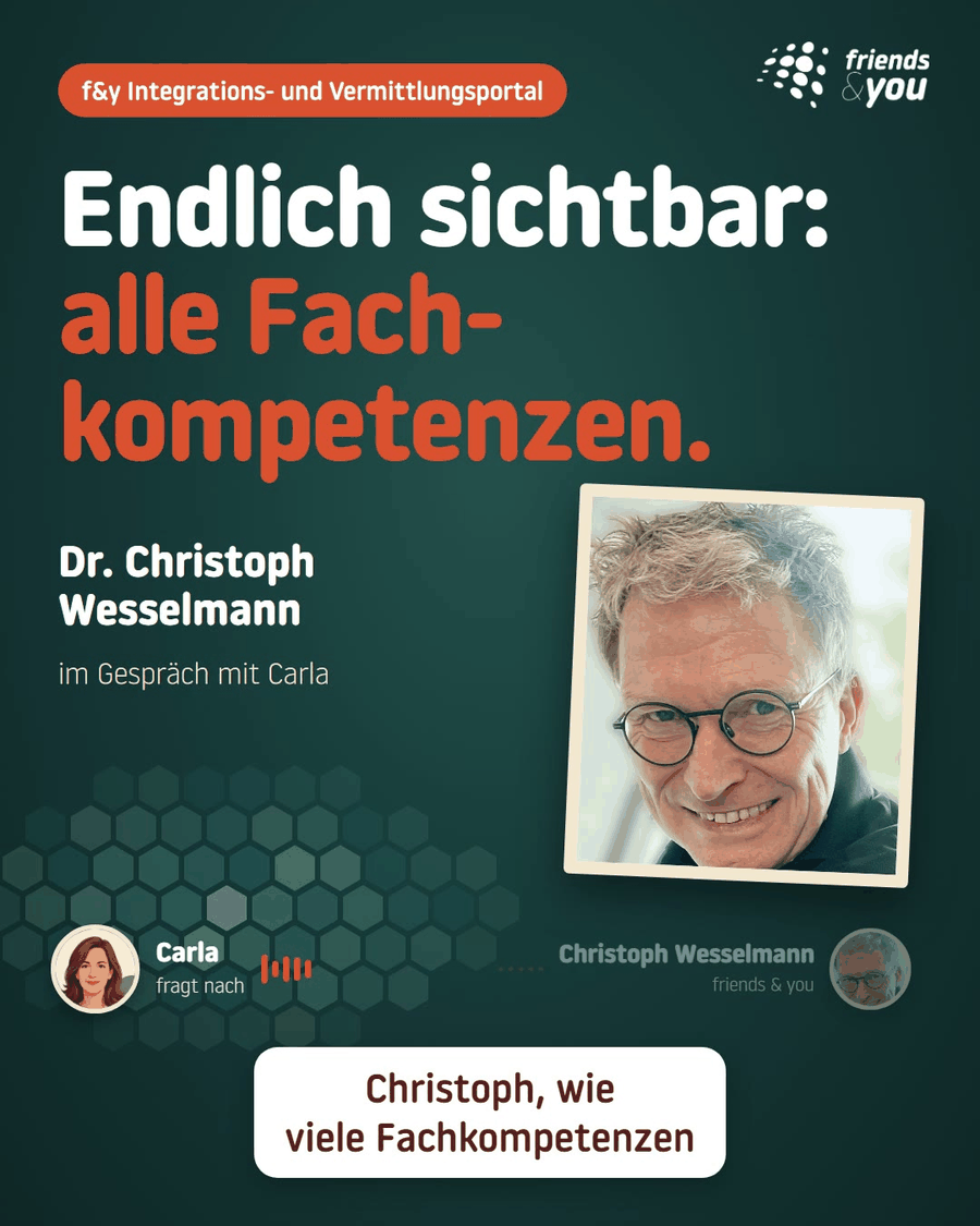 Titelbild des LinkedIn-Videos von Dr. Christoph Wesselmann: „Endlich sichtbar: alle Fachkompetenzen.“ – Dr. Christoph Wesselmann im Gespräch mit Carla, f&y Integrations- und Vermittlungsportal