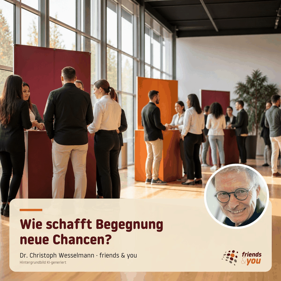 Beitragsbild zur LinkedIn-Umfrage von Dr. Christoph Wesselmann: Jobmesse mit Menschen im Gespräch, Headline „Wie schafft Begegnung neue Chancen?“ (Hintergrundbild KI-generiert)
