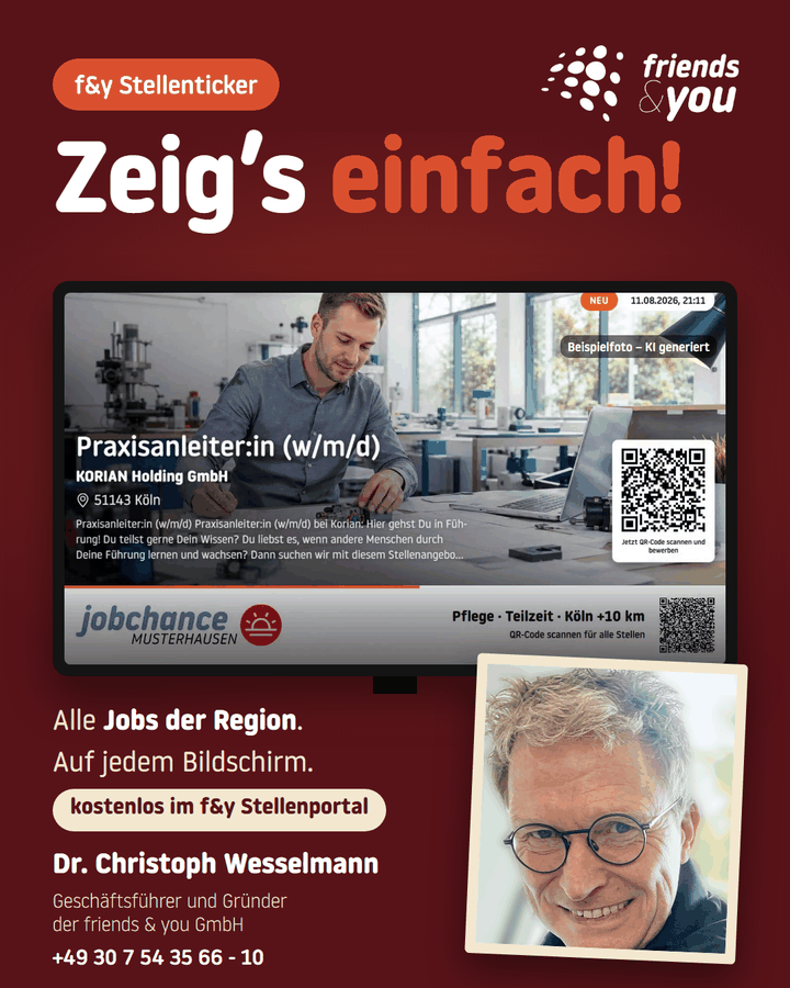Titelbild des LinkedIn-Videos „Zeig’s einfach!“ zum f&y Stellenticker mit Dr. Christoph Wesselmann, Geschäftsführer und Gründer der friends & you GmbH